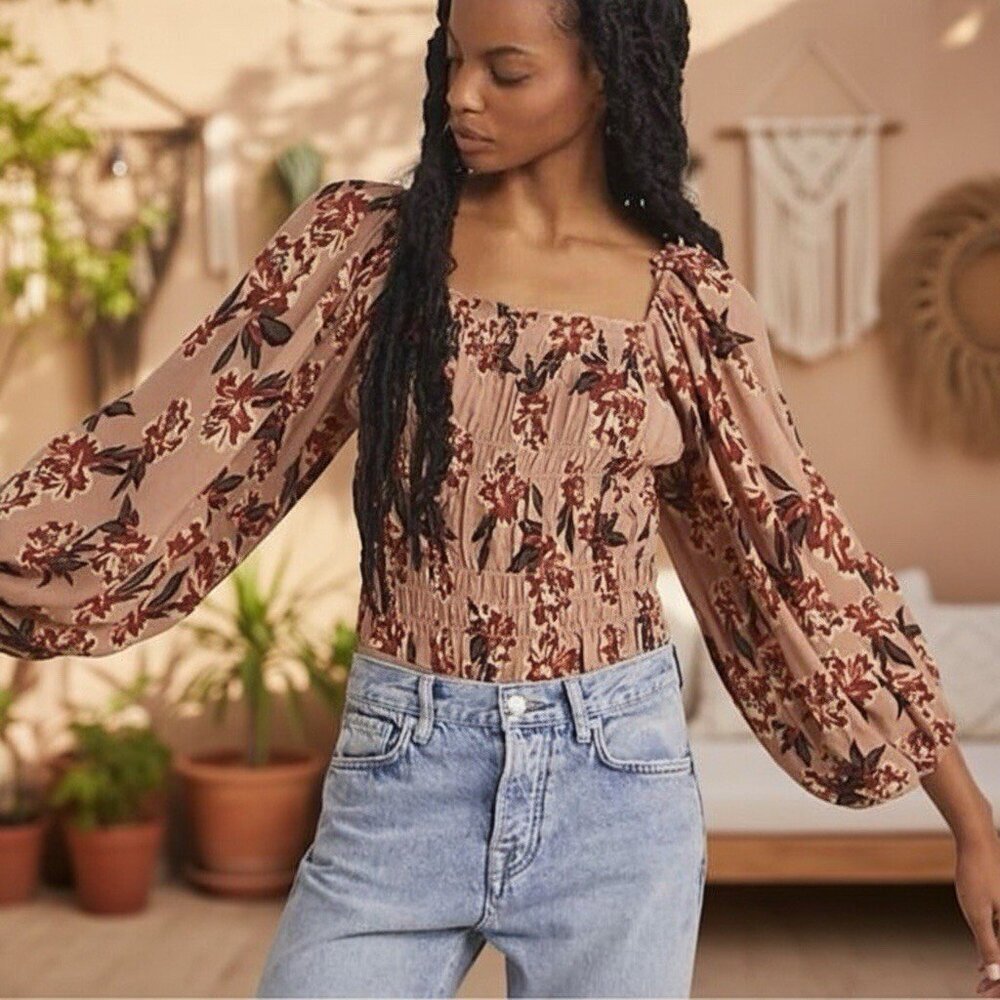 NWT Free People Womens XS Wild Daze Bodysuit Floral Balloon Long Sleeve Blouse